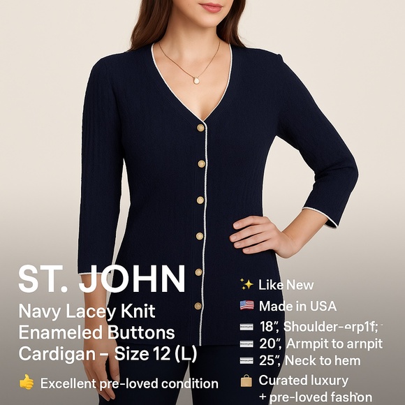St. John Collection Navy Lacey Knit Enameled Buttons Cardigan - Picture 2 of 12